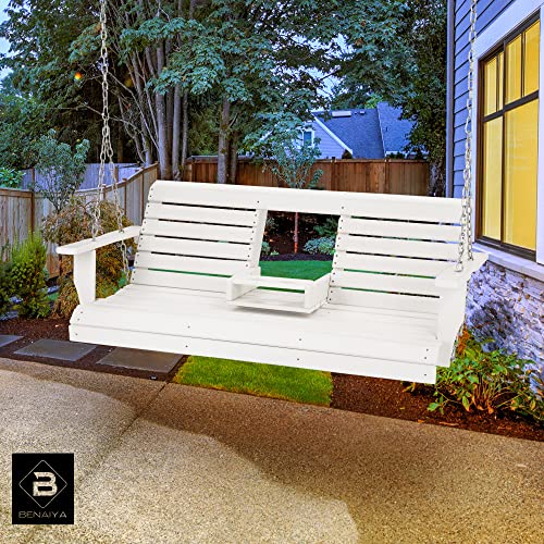 BENAIYA POLYWOOD Porch Swing Outdoor Hanging Chair with Cup Holders Swinging Bench for Patios, Backyard HDPE Wooden Seating, Sturdy Steel Chains