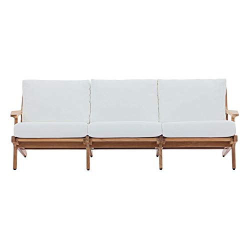Modway EEI-2934-NAT-WHI Saratoga Premium Grade A Teak Wood Outdoor Patio Sofa with Cushions in Natural White