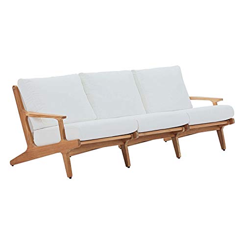 Modway EEI-2934-NAT-WHI Saratoga Premium Grade A Teak Wood Outdoor Patio Sofa with Cushions in Natural White