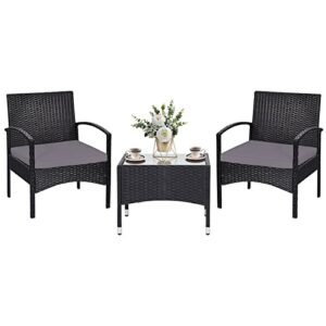 relax4life 3-piece patio furniture set – rattan conversation set, wicker bistro set w/ 2 chairs, glass table, steel frame, outdoor chairs set for backyard, balcony, front porch furniture(gray)
