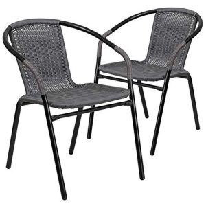2 pack indoor or outdoor restaurant chair with black frame finish and gray rattan