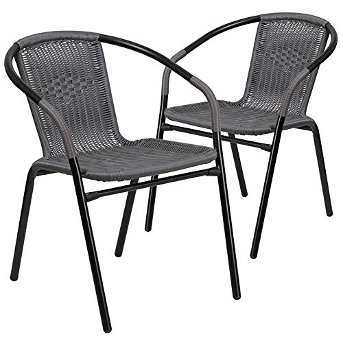 2 Pack Indoor or Outdoor Restaurant Chair with Black Frame Finish and Gray Rattan