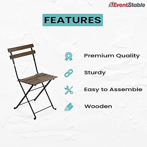 French Bistro Folding Chair - Wooden Patio Chair - Commercial-Grade Foldable Chair - Sturdy Black Steel Frame Outdoor Chair - Armless Folding Lawn Chair for Garden Backyard Porch - 4 Pack