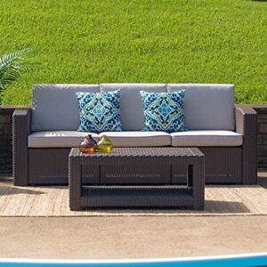 flash furniture chocolate brown faux rattan sofa with all-weather beige cushions