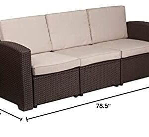 Flash Furniture Chocolate Brown Faux Rattan Sofa with All-Weather Beige Cushions