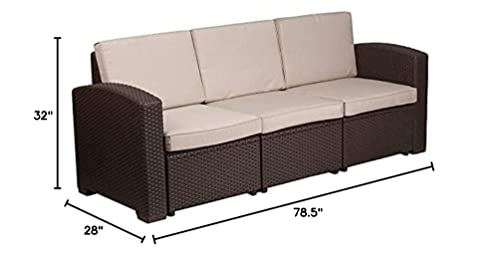 Flash Furniture Chocolate Brown Faux Rattan Sofa with All-Weather Beige Cushions