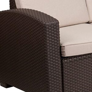 Flash Furniture Chocolate Brown Faux Rattan Sofa with All-Weather Beige Cushions