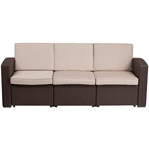 Flash Furniture Chocolate Brown Faux Rattan Sofa with All-Weather Beige Cushions