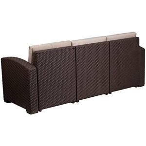 Flash Furniture Chocolate Brown Faux Rattan Sofa with All-Weather Beige Cushions