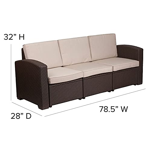 Flash Furniture Chocolate Brown Faux Rattan Sofa with All-Weather Beige Cushions