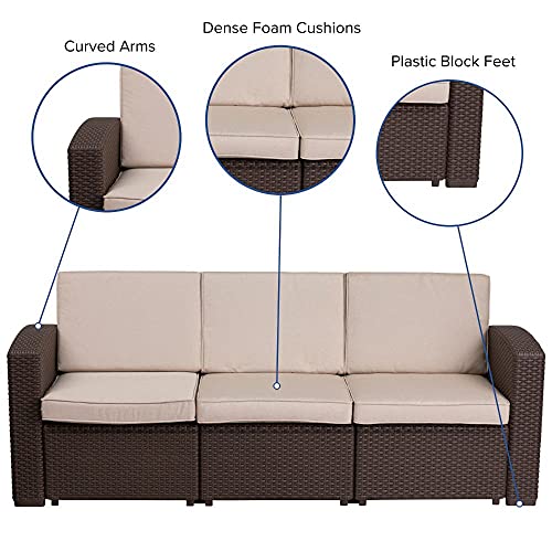 Flash Furniture Chocolate Brown Faux Rattan Sofa with All-Weather Beige Cushions