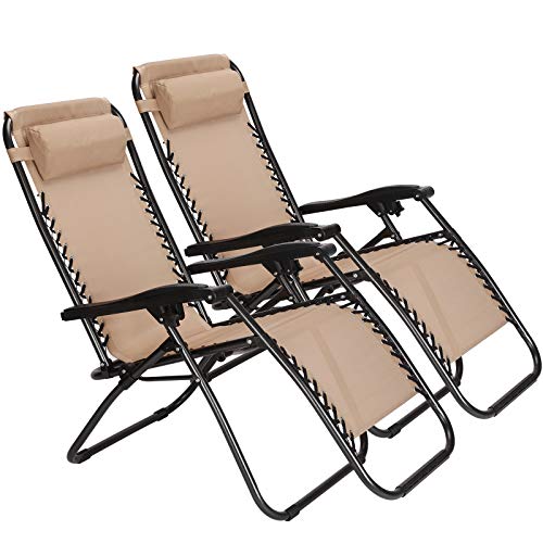 Idealchoiceproduct 2-Pack Tan Color Zero Gravity Outdoor Lounge Chairs Patio Adjustable Folding Reclining Chairs with Free Cup/Drink Utility Tray