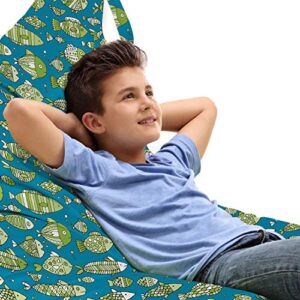 lunarable aquarium lounger chair bag, hand drawn like fishes illustration designed in various patterns, high capacity storage with handle container, lounger size, sea blue and lime green