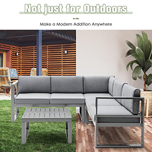 Tangkula 4 Pieces Aluminum Patio Furniture Set, Patiojoy All Weather Heavy Duty Cushioned Outdoor L Shaped Sofa Set for Poolside, Backyard, Deck, and Garden (Grey)