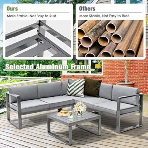 Tangkula 4 Pieces Aluminum Patio Furniture Set, Patiojoy All Weather Heavy Duty Cushioned Outdoor L Shaped Sofa Set for Poolside, Backyard, Deck, and Garden (Grey)