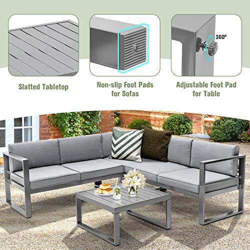 Tangkula 4 Pieces Aluminum Patio Furniture Set, Patiojoy All Weather Heavy Duty Cushioned Outdoor L Shaped Sofa Set for Poolside, Backyard, Deck, and Garden (Grey)