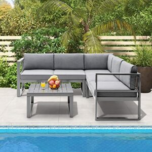 Tangkula 4 Pieces Aluminum Patio Furniture Set, Patiojoy All Weather Heavy Duty Cushioned Outdoor L Shaped Sofa Set for Poolside, Backyard, Deck, and Garden (Grey)