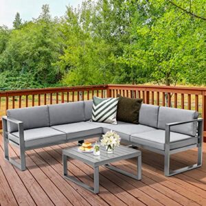 Tangkula 4 Pieces Aluminum Patio Furniture Set, Patiojoy All Weather Heavy Duty Cushioned Outdoor L Shaped Sofa Set for Poolside, Backyard, Deck, and Garden (Grey)