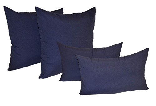 Resort Spa Home Set of 4 Indoor/Outdoor Pillows - 2 Square Pillows & 2 Rectangle/Lumbar Decorative Throw Pillows - Solid Navy Blue Fabric (20" x 20" Square & 11" x 19" Lumbar)