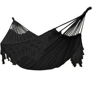 xuanmuque double sized boho macrame black hammock with elegant tassels and fishtail knitting 485lbs includes tie ropes and black drawstring bag for women