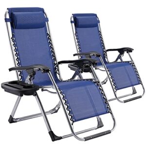 zero gravity chair, patio lawn chairs with adjustable headrest and cup holder trays reclining chair set of 2 for camping backyard beach, blue