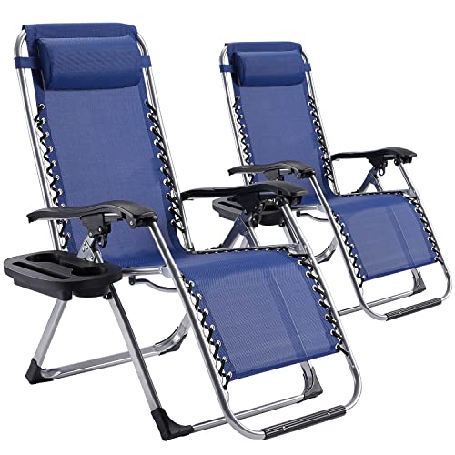 Zero Gravity Chair, Patio Lawn Chairs with Adjustable Headrest and Cup Holder Trays Reclining Chair Set of 2 for Camping Backyard Beach, Blue