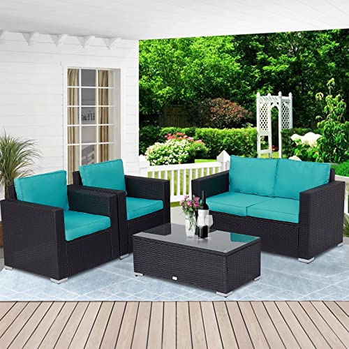 Zurssar 4 Piece Outdoor Patio Furniture Sets PE Rattan Wicker Sectional Sofa Couch Patio Conversation Set with Glass Coffee Table for Backyard Garden Poolside