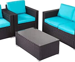 Zurssar 4 Piece Outdoor Patio Furniture Sets PE Rattan Wicker Sectional Sofa Couch Patio Conversation Set with Glass Coffee Table for Backyard Garden Poolside