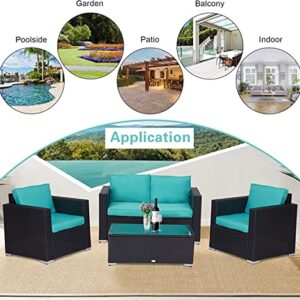 Zurssar 4 Piece Outdoor Patio Furniture Sets PE Rattan Wicker Sectional Sofa Couch Patio Conversation Set with Glass Coffee Table for Backyard Garden Poolside