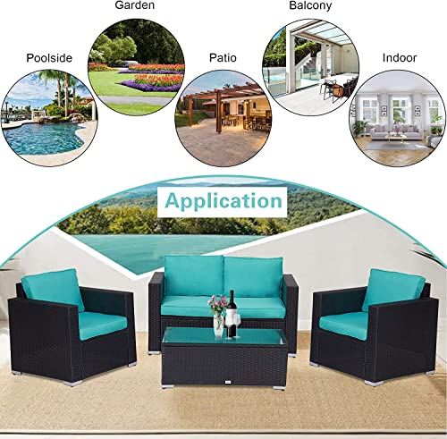 Zurssar 4 Piece Outdoor Patio Furniture Sets PE Rattan Wicker Sectional Sofa Couch Patio Conversation Set with Glass Coffee Table for Backyard Garden Poolside