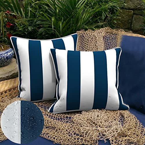 Melody Elephant Outdoor Decorative Waterproof Pillows Pack of 2 Patio Throw Pillows with Inserts and Piping Modern Pattern for Couch Sofa Outdoor Furniture (18"x18", Navy White Stripe)