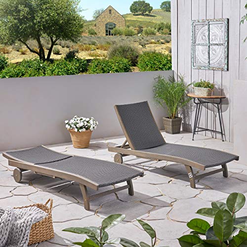 Great Deal Furniture Kimberley Outdoor Wicker and Wood Chaise Lounge with Pull-Out Tray, Set of 2, Gray