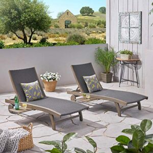 Great Deal Furniture Kimberley Outdoor Wicker and Wood Chaise Lounge with Pull-Out Tray, Set of 2, Gray