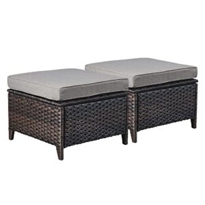 rilyson outdoor ottoman wicker patio ottomans – 2 piece footrest footstools set rattan outdoor ottomans for patio with thick cushions(brown/grey)
