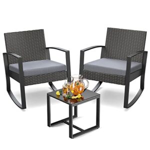 3 pieces wicker patio furniture set, modern rocking conversation set with coffee table, outdoor rattan patio chairs bistro set for balcony porch garden yard poolside, grey