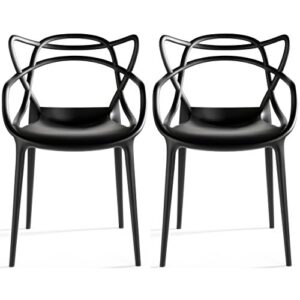 2xhome set of 2 black stackable contemporary modern designer wire plastic chairs with arms open back armchairs for kitchen dining chair outdoor patio bedroom accent balcony office work garden home