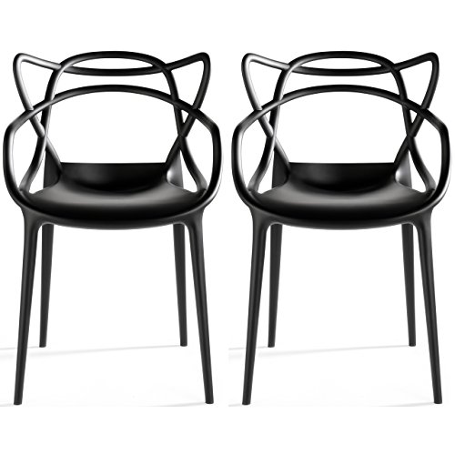 2xhome Set of 2 Black Stackable Contemporary Modern Designer Wire Plastic Chairs with Arms Open Back Armchairs for Kitchen Dining Chair Outdoor Patio Bedroom Accent Balcony Office Work Garden Home