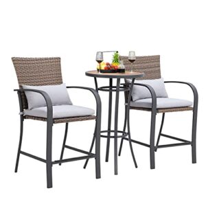 olmia outdoor bar height table and chairs set of 3, 3pc outdoor high top table and chairs set with gray cushions and pillows, brown wicker rattan bar height patio set with foot-rest – steel frame