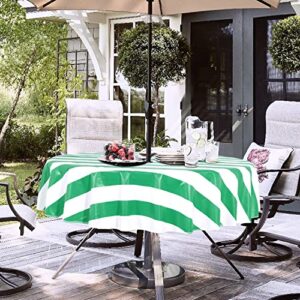 LUSHVIDA Outdoor PVC Stripe Tablecloth with Umbrella Hole and Zipper, Round Table Cover for Spring Summer Patio Garden Tabletop Decor, Green/White, 60 Inch