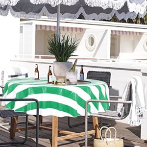 LUSHVIDA Outdoor PVC Stripe Tablecloth with Umbrella Hole and Zipper, Round Table Cover for Spring Summer Patio Garden Tabletop Decor, Green/White, 60 Inch