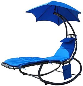 balancefrom hanging rocking curved chaise lounge chair swing with cushion, pillow, canopy, stand and storage pouch, 330-pound capacity, rocking chair, blue