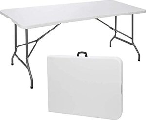 cozybox folding table indoor outdoor heavy duty portable folding plastic dining table w/handle, lock for picnic, party, camping – white (4ft, 6ft, 8ft) (6ft)