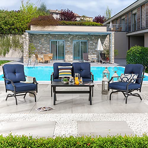 LOKATSE HOME 4 Pieces Outdoor Conversation Furniture Bistro Metal Seating Patio Armchairs Loveseat Set with Cushion & Coffee Table, 4 pcs Chair, Blue