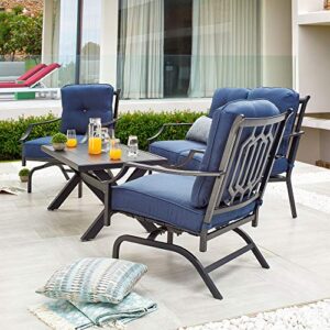 LOKATSE HOME 4 Pieces Outdoor Conversation Furniture Bistro Metal Seating Patio Armchairs Loveseat Set with Cushion & Coffee Table, 4 pcs Chair, Blue