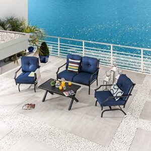 LOKATSE HOME 4 Pieces Outdoor Conversation Furniture Bistro Metal Seating Patio Armchairs Loveseat Set with Cushion & Coffee Table, 4 pcs Chair, Blue