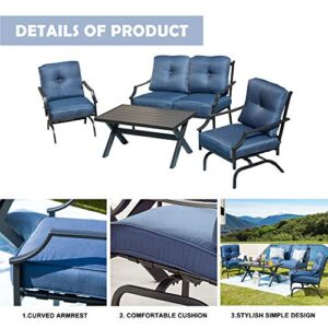 LOKATSE HOME 4 Pieces Outdoor Conversation Furniture Bistro Metal Seating Patio Armchairs Loveseat Set with Cushion & Coffee Table, 4 pcs Chair, Blue