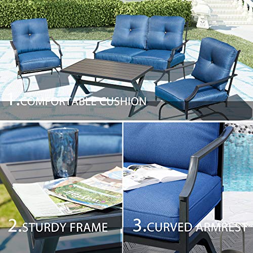 LOKATSE HOME 4 Pieces Outdoor Conversation Furniture Bistro Metal Seating Patio Armchairs Loveseat Set with Cushion & Coffee Table, 4 pcs Chair, Blue