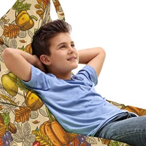lunarable harvest lounger chair bag, happy thanksgiving food pumpkin tomato corn pepper maple leaf acorn cooking theme, high capacity storage with handle container, lounger size, multicolor