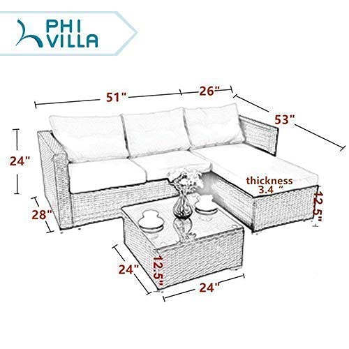 PHI VILLA Outdoor Patio Rattan Sectional Sofa- Small Patio Wicker Furniture Sofa Set 3-Piece, Red