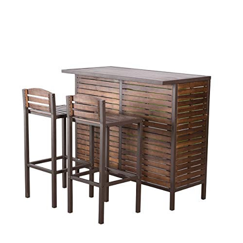 Christopher Knight Home Leni Indoor Acacia Bar Set with Rustic Metal Finish Accents, Dark Brown / Rustic Metal